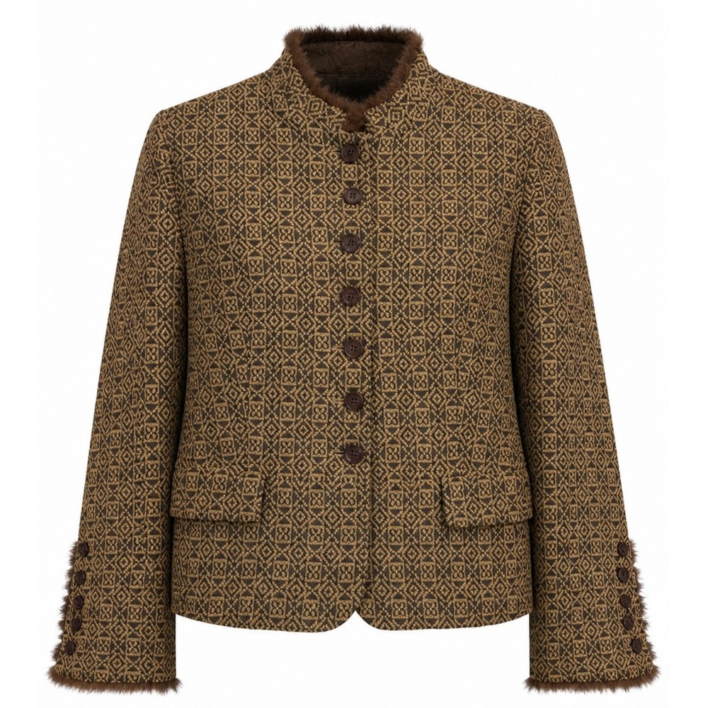 Fabrizio‎ Lenzi Jacket 42 Brown Jacquard Fur Trim Coat Surgical Cuffs Stunning